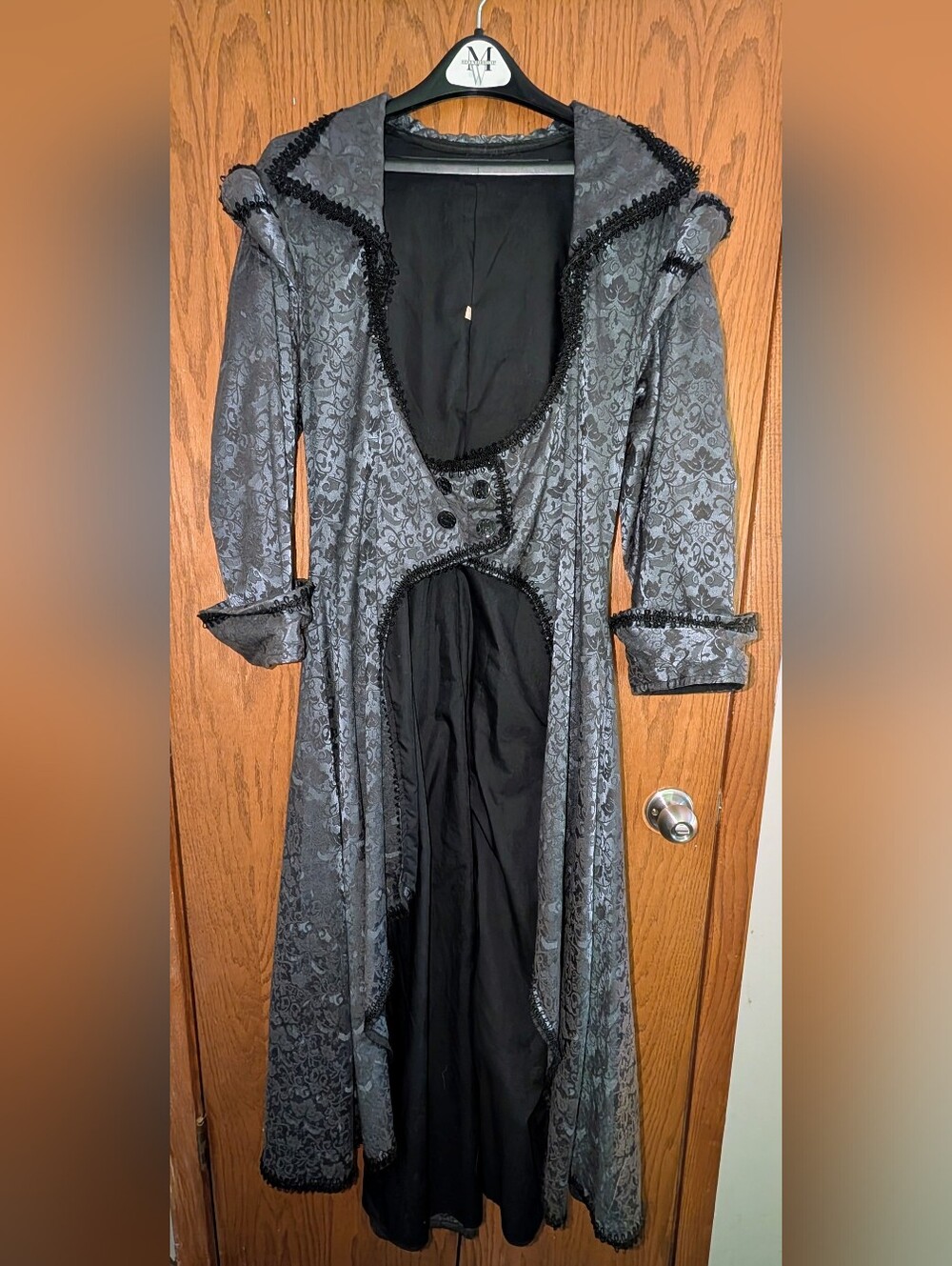 Victorian-Style Renaissance Brocade Long Coat Dress in Charcoal Gray